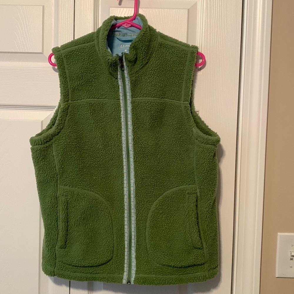 Green fleece LL Bean vest.